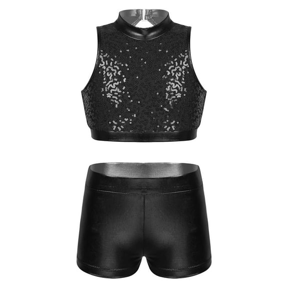 MSemis Kids Girls Shiny Sequins Outfits Cropped Tops with Glossy Shorts Black 6