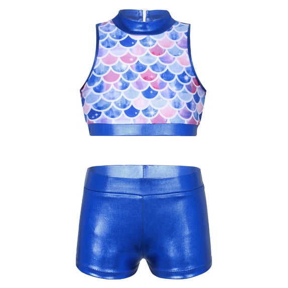 MSemis Kids Girls Shiny Sequins Outfits Cropped Tops with Glossy Shorts Blue Fish Scales 12