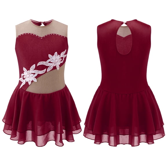 MSemis Kids Girls Sleeveless Mesh Spliced Ice Figure Roller Skating Dress