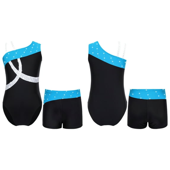 MSemis Kids Girls Sleeveless Shiny Diamond Gymnastics Dance Athletic Leotard with Shorts Sets