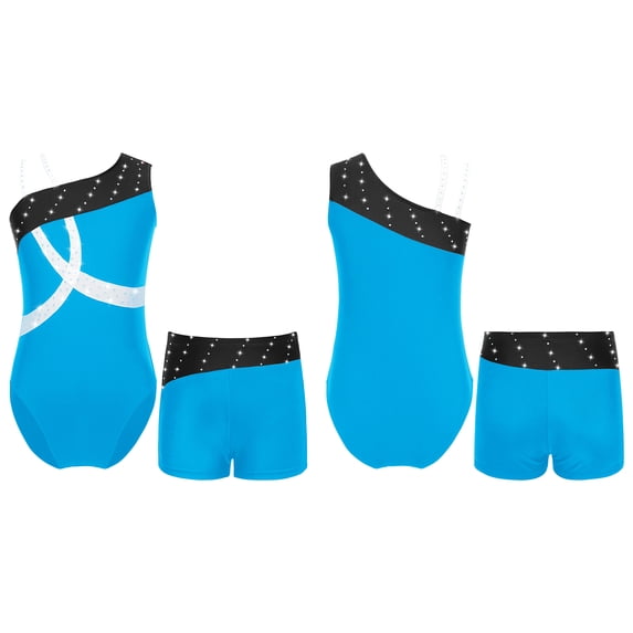 MSemis Kids Girls Sleeveless Shiny Diamond Gymnastics Dance Athletic Leotard with Shorts Sets