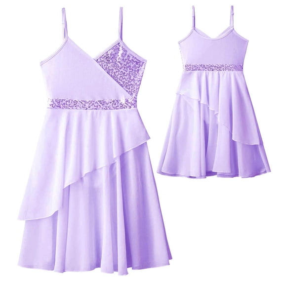 MSemis Kids Girls Solid Color Lyrical Dance Dress Sleeveless Leotard Skirt