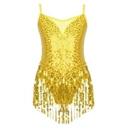 MSemis Kids Girls Sparkle Sequins Leotard Tassel Gymnastics Dance Dress Costume Gold 14