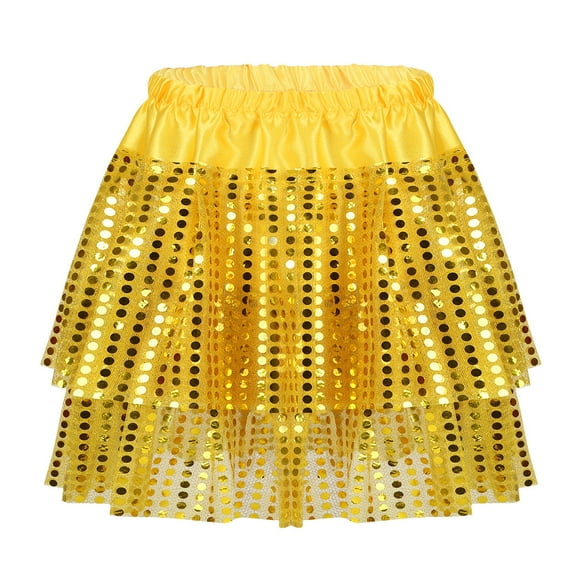 MSemis Kids Girls Sparkle Sequins Mini Skirt Layered Tiered Tutu Skirt Gold 13-14