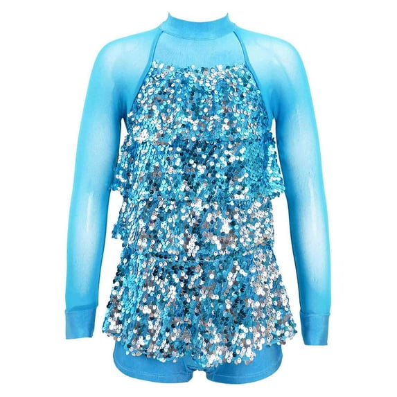 MSemis Kids Girls Sparkling Sequins Hip-Hop Jazz Ballet Latin Dance Dress Leotard,Size 4-16 Blue 14