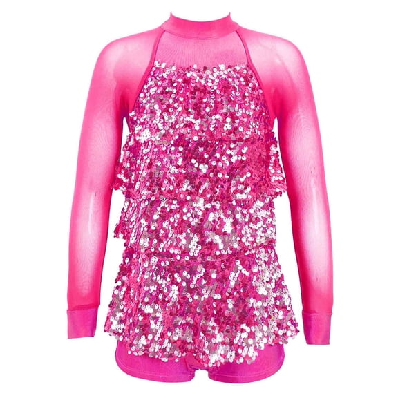 MSemis Kids Girls Sparkling Sequins Hip-Hop Jazz Ballet Latin Dance Dress Leotard,Size 4-16 Hot Pink 6