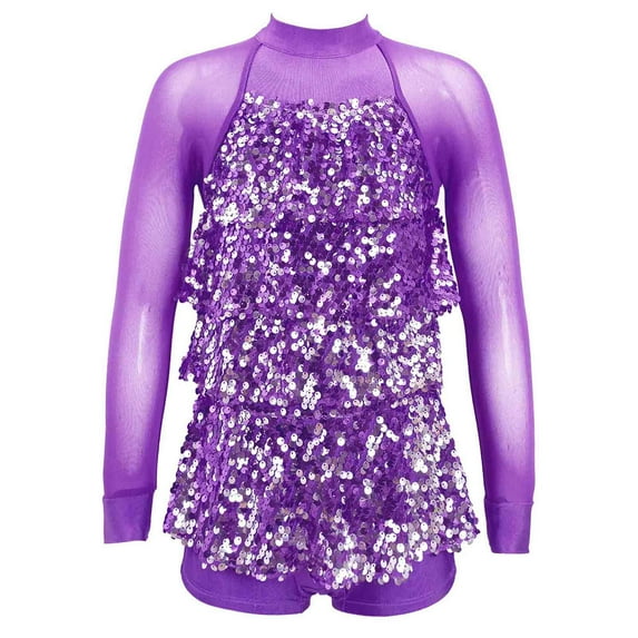 MSemis Kids Girls Sparkling Sequins Hip-Hop Jazz Ballet Latin Dance Dress Leotard,Size 4-16 Purple 16