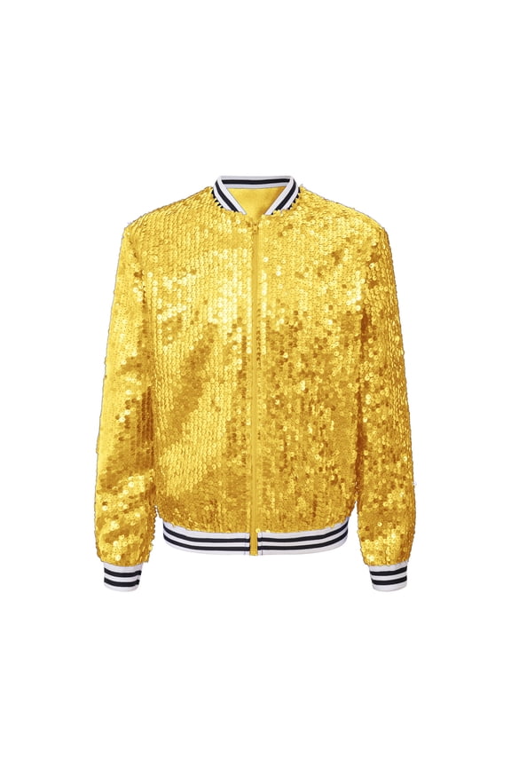 Kids Girls Sparkly Sequin Baseball Jacket Long Sleeve Zip Up Bomber Jacket Hip Hop Dancing Gold 6