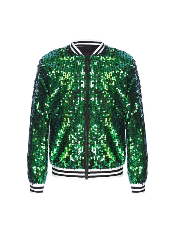 Kids Girls Sparkly Sequin Baseball Jacket Long Sleeve Zip Up Bomber Jacket Hip Hop Dancing Green 6
