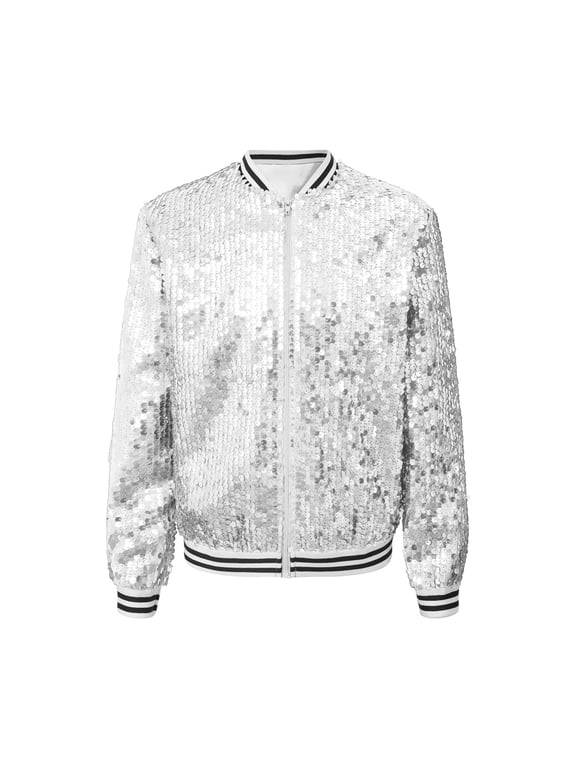 Kids Girls Sparkly Sequin Baseball Jacket Long Sleeve Zip Up Bomber Jacket Hip Hop Dancing Silver 6