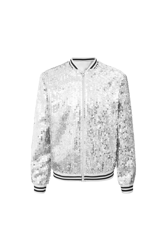 Kids Girls Sparkly Sequin Baseball Jacket Long Sleeve Zip Up Bomber Jacket Hip Hop Dancing Silver 6