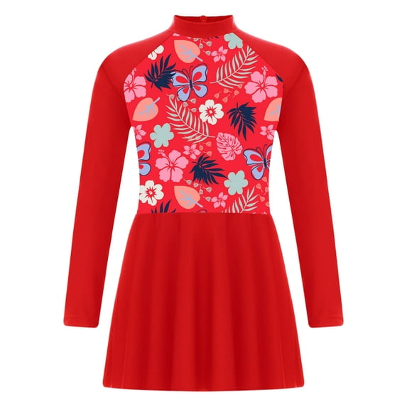 MSemis Kids Girls Swimwear Cover Ups UPF 50+ Long Sleeve Rash Guard Swim Dress Top Beach Bathing Suit Red 10