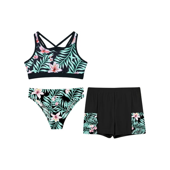 MSemis Kids Girls Tank Swimwear Set Swim Shorts Briefs Summer Bating Suit Black-3pcs 10