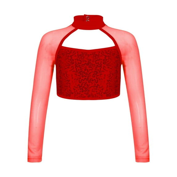 MSemis Kids Girls Turtleneck Sequin Long Sleeve Dance Crop Top Red 8