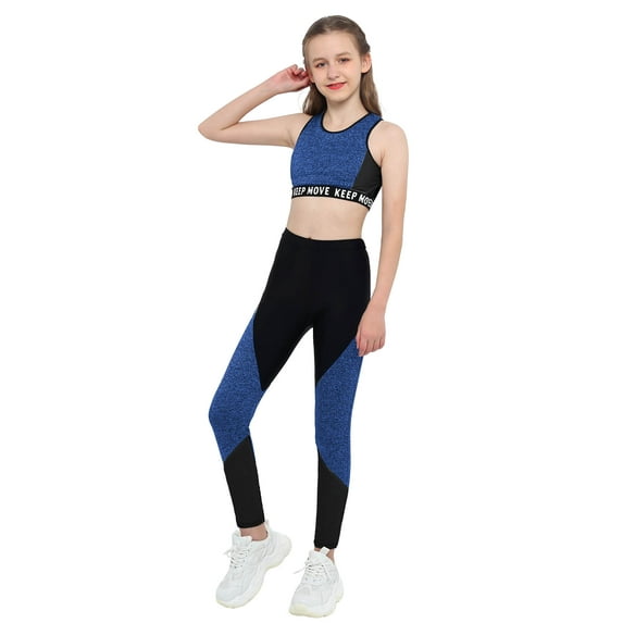 MSemis Kids Girls Two Piece Yoga Sports Suit Crop Top with Athletic Leggings Blue Black 8