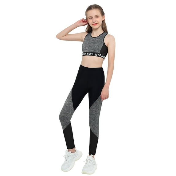 MSemis Kids Girls Two Piece Yoga Sports Suit Crop Top with Athletic Leggings Gray-Black 12