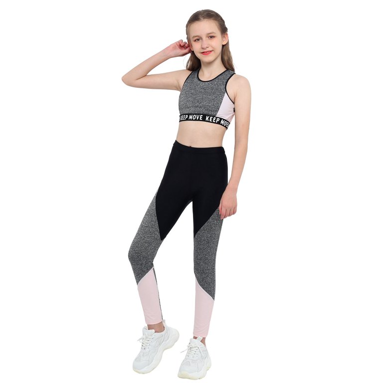 MSemis Kids Girls Two Piece Yoga Sports Suit Crop Top with Athletic  Leggings Grey 12