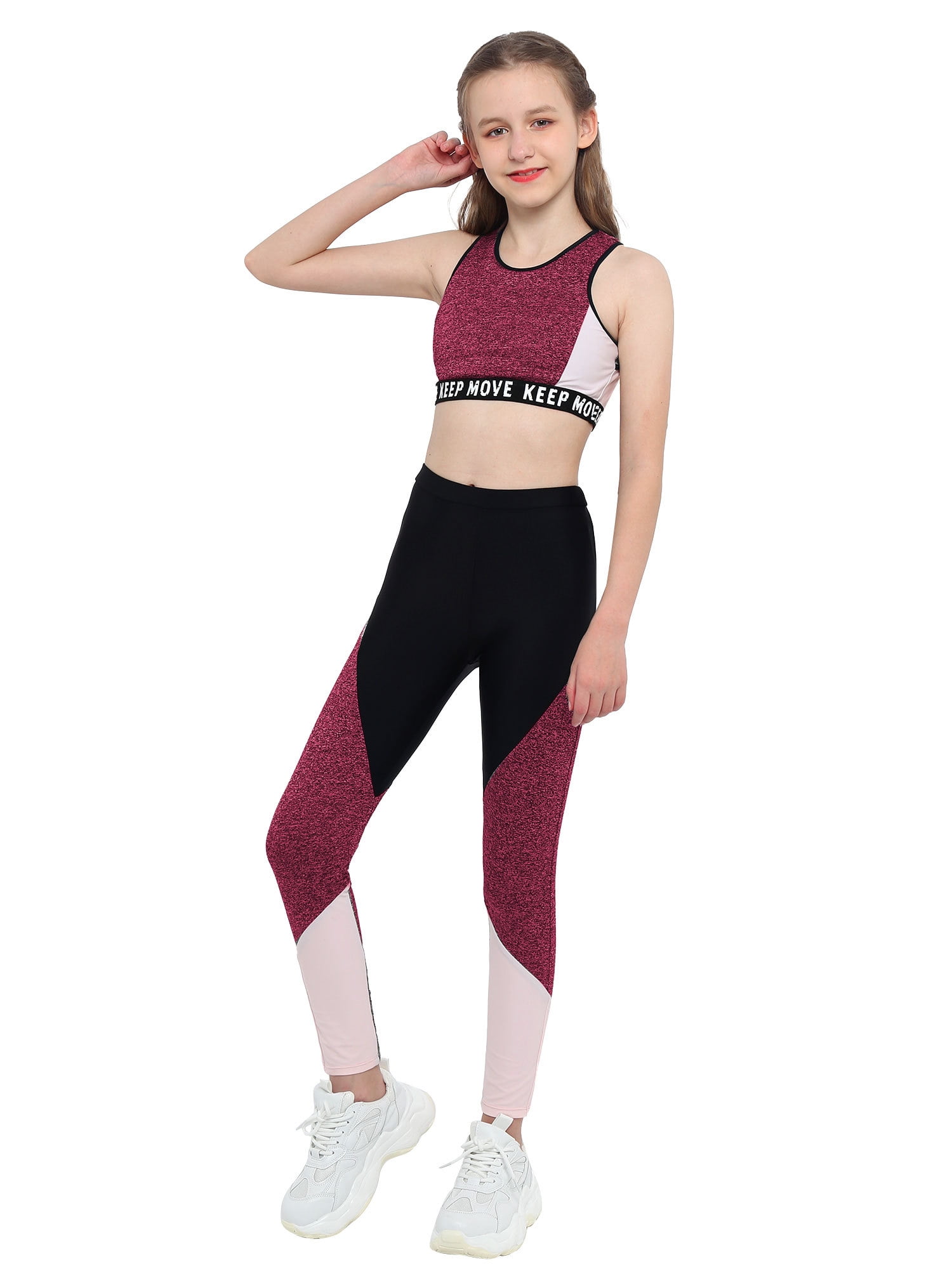 MSemis Big Girls Floral Printed Racer Sports Bra with Legging Tights 2 Pcs  Sports/Dance/Workout Set