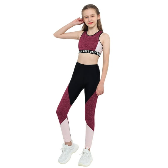 MSemis Kids Girls Two Piece Yoga Sports Suit Crop Top with Athletic Leggings Red 14