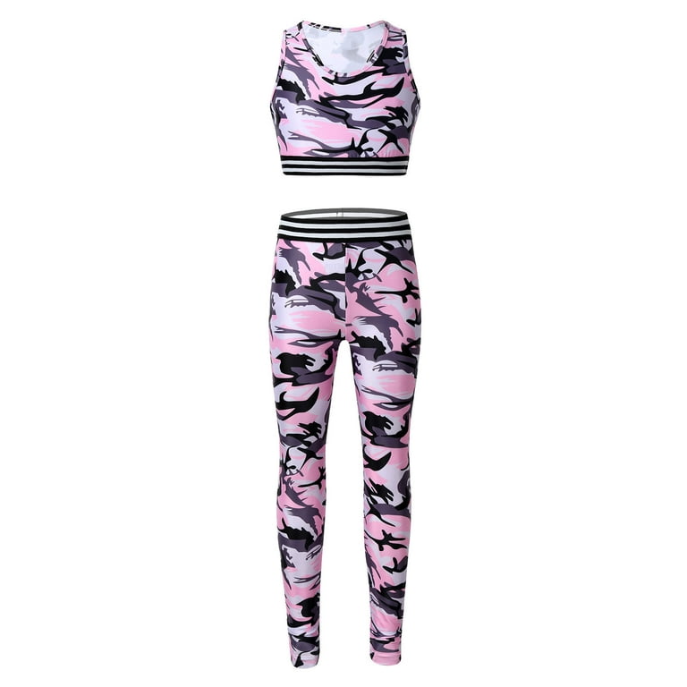 MSemis Kids Girls Workout Outfits Camouflage Athletic Leggings and Cropped  Tops Pink 12 