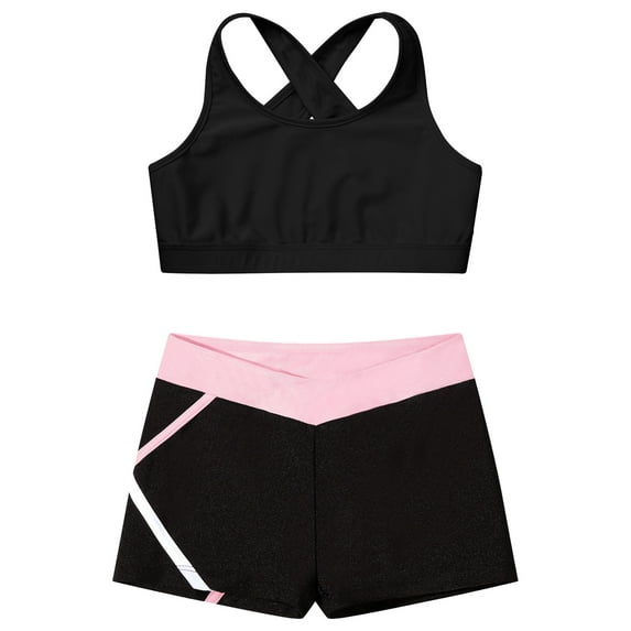 MSemis Kids Girls Workout Set Racer Back Sports Bra with Shorts Yoga Sports Set Black&Pink 16