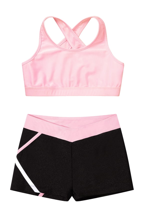 Kids Girls Workout Set Racer Back Sports Bra with Shorts Yoga Sports Set Pink 14