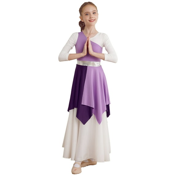 MSemis Kids Girls Worship Praise Dance Overlay Tunic Liturgical Lyrical Dance Costume Lavender 12