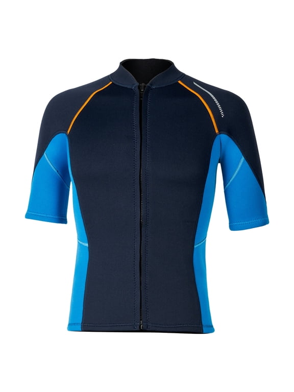 Men Wetsuit Swimwear Short Sleeves Shirts Front Zip Swimming Tops Navy Blue S