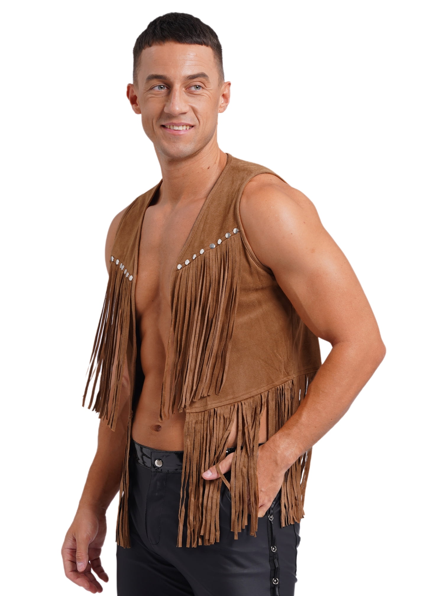 MSemis Men's Faux Suede Tassel Hippie Vest Sleeveless Open Front Rivets Fringe Waistcoat Brown M