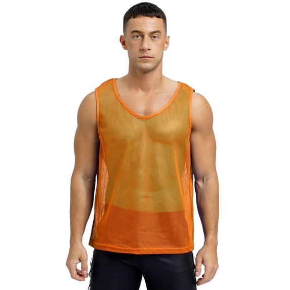 MSemis Men's Mesh Tank Tops Fishnet See Through Breathable Athletic Sportswear Orange L