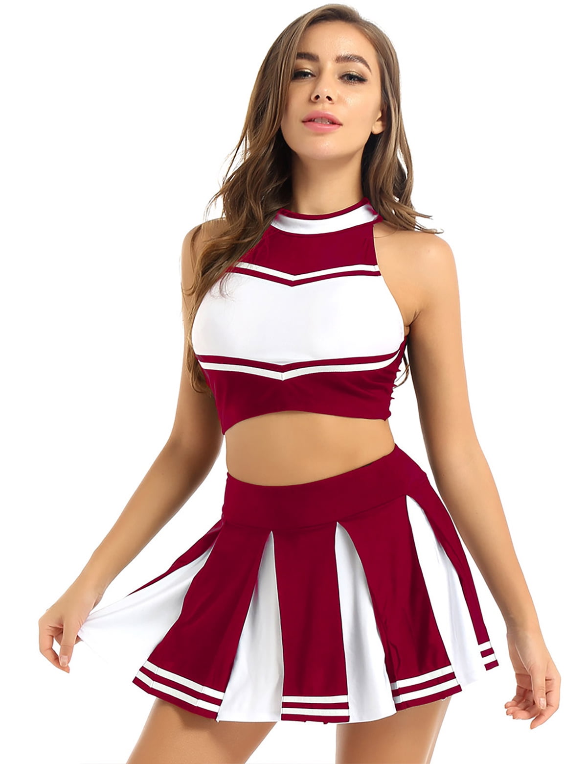 MSemis Women Cheerleader Costume Outfits Crop Top with Pleated Skirt 2PCS Set Hot Pink XXL