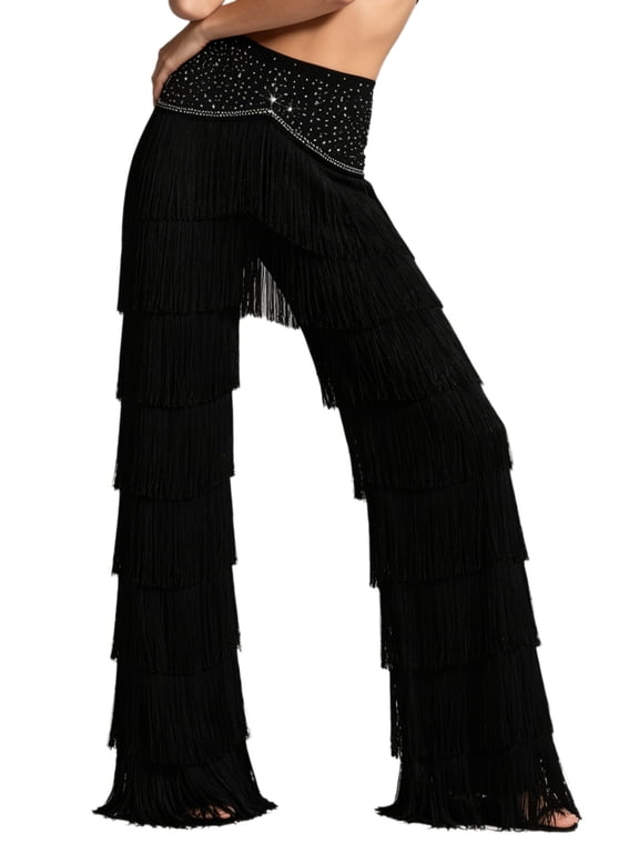 Women Latin Tango Dance Fringed Pants Rhinestone Layered Tassel Straight-leg Trousers Black XXL