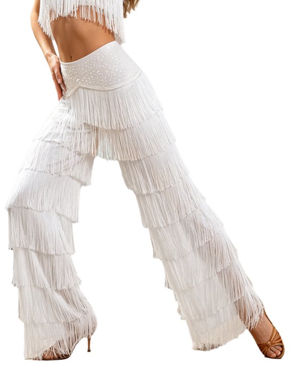 Women Latin Tango Dance Fringed Pants Rhinestone Layered Tassel Straight-leg Trousers White S