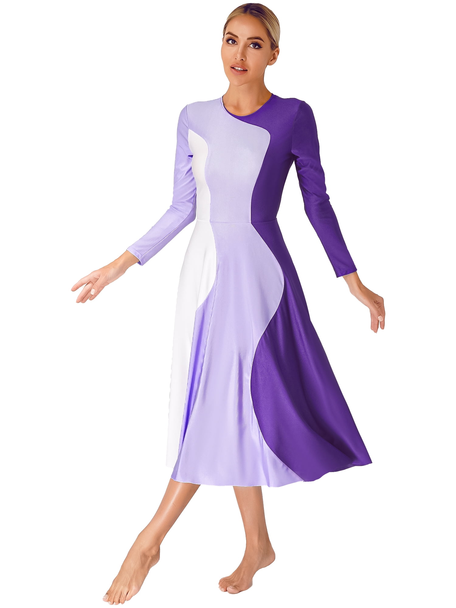 MSemis Women Long Sleeve Liturgical Praise Dance Dress Color Block Worship Church Dancewear