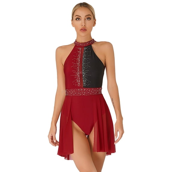 MSemis Women Lyrical Dance Costume Halter Neck Ballet Leotard Modern Contemporary Dress Burgundy S
