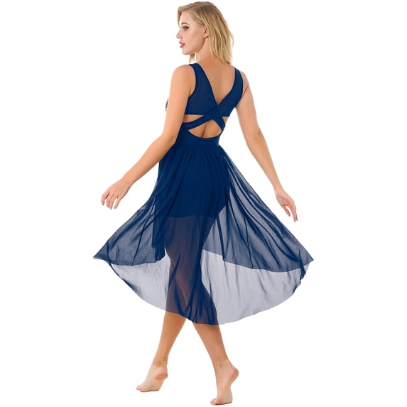 MSemis Women Lyrical Dance Costumes Sequin Mesh Tulle Flowy Maxi Long Dress