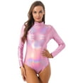 thumbnail image 1 of MSemis Women Metallic Liquid Ballet Leotard Gymnastics Bodysuit Long Sleeve Mock Neck Unitard Tops Pink L, 1 of 6