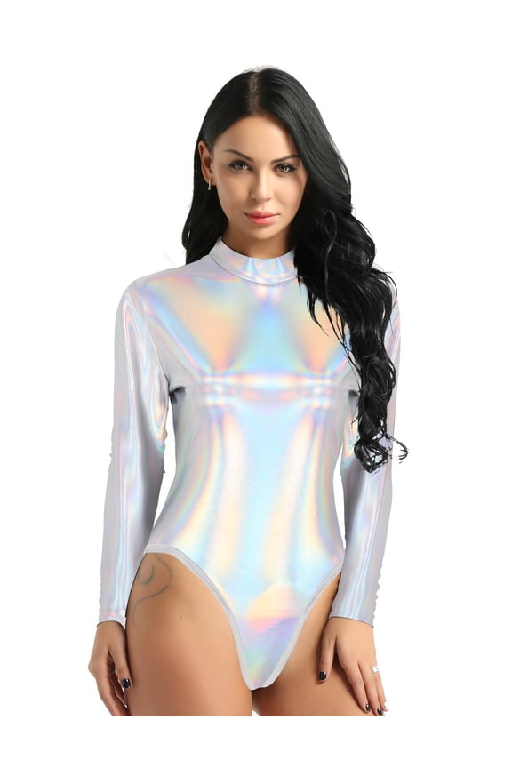 Women Metallic Liquid Ballet Leotard Gymnastics Bodysuit Long Sleeve Mock Neck Unitard Tops Silver XL