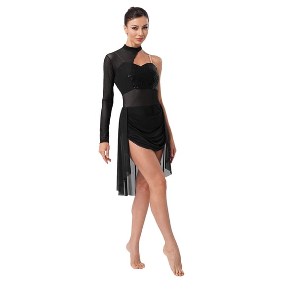 MSemis Women Modern Lyrical Dance Dress Single Sleeve Ballet Ballroom Dresses Black XL
