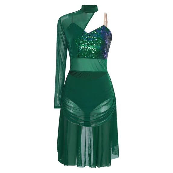 MSemis Women Modern Lyrical Dance Dress Single Sleeve Ballet Ballroom Dresses Green XXL