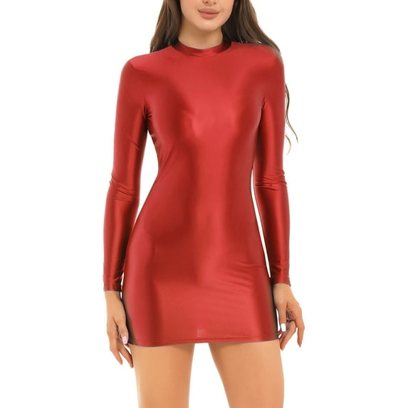 MSemis Women Oil Glossy Sheer Micro Mini Dress Tight Pencil Short Dress
