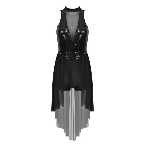 MSemis Women Sequins Lyrical Dance Dress Halter Neck Mesh Contemporary Dance Costume Black XL