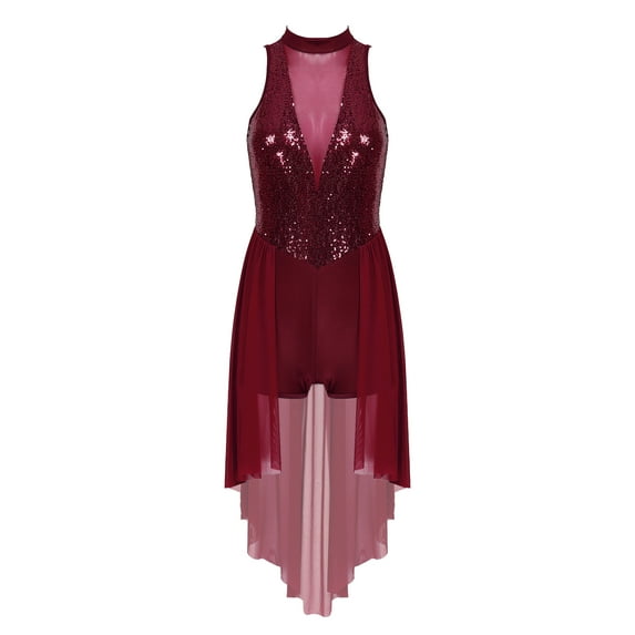 MSemis Women Sequins Lyrical Dance Dress Halter Neck Mesh Contemporary Dance Costume Burgundy M