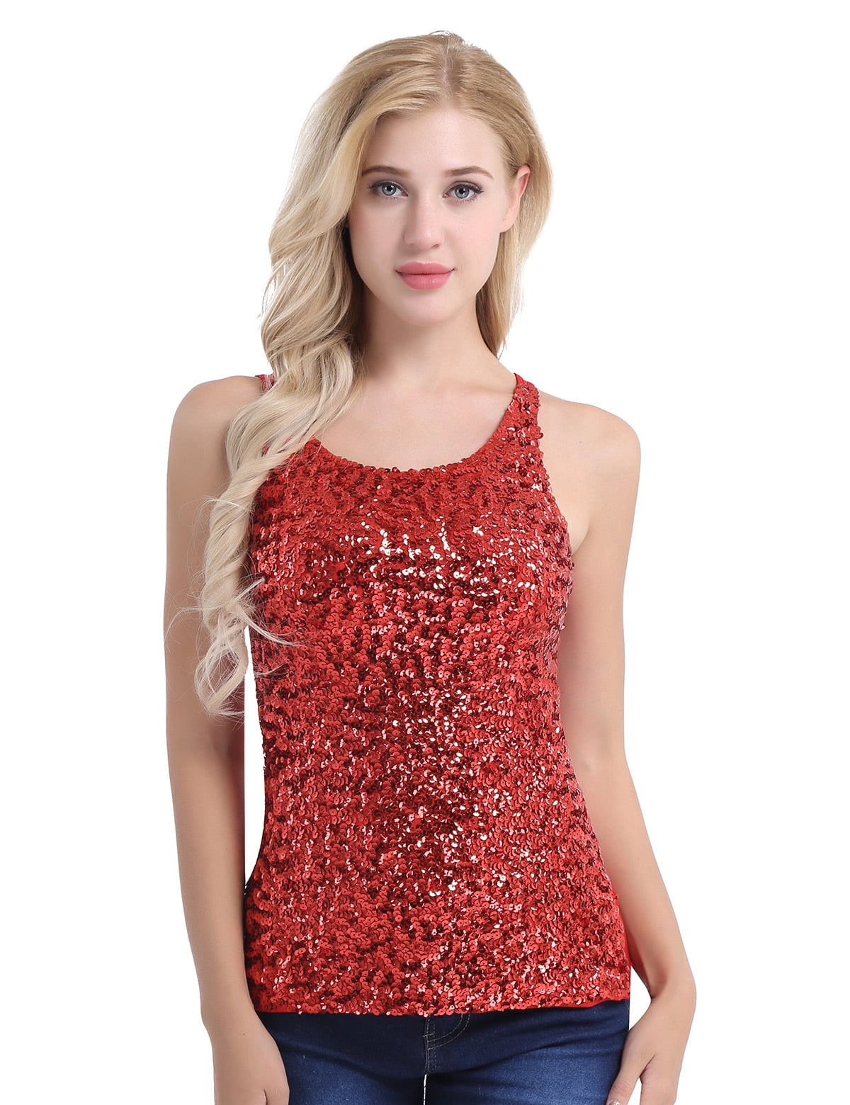 Red Sequin Embellished V-Neck Backless Halter Tank Top main image 1