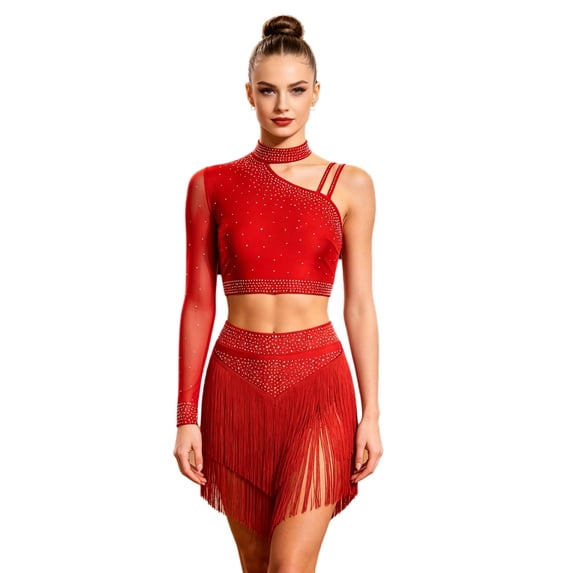 MSemis Women Single Sleeve Rhinestone Crop Top and Skirt Red S