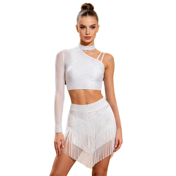 MSemis Women Single Sleeve Rhinestone Crop Top and Skirt White S