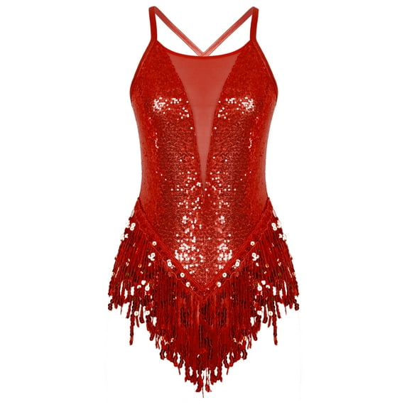 MSemis Women Sparkle Sequins Leotard Tassel Dress Dance Costume Red XL