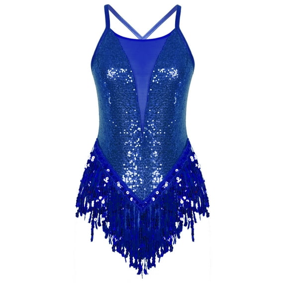 MSemis Women Sparkle Sequins Leotard Tassel Dress Dance Costume Royal_Blue L