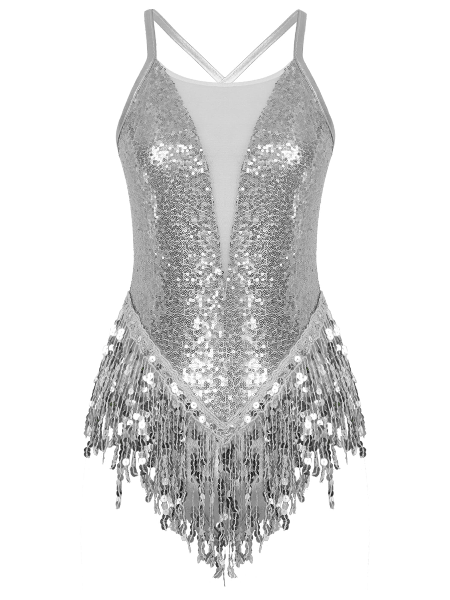 MSemis Women Sparkle Sequins Leotard Tassel Dress Dance Costume Silver