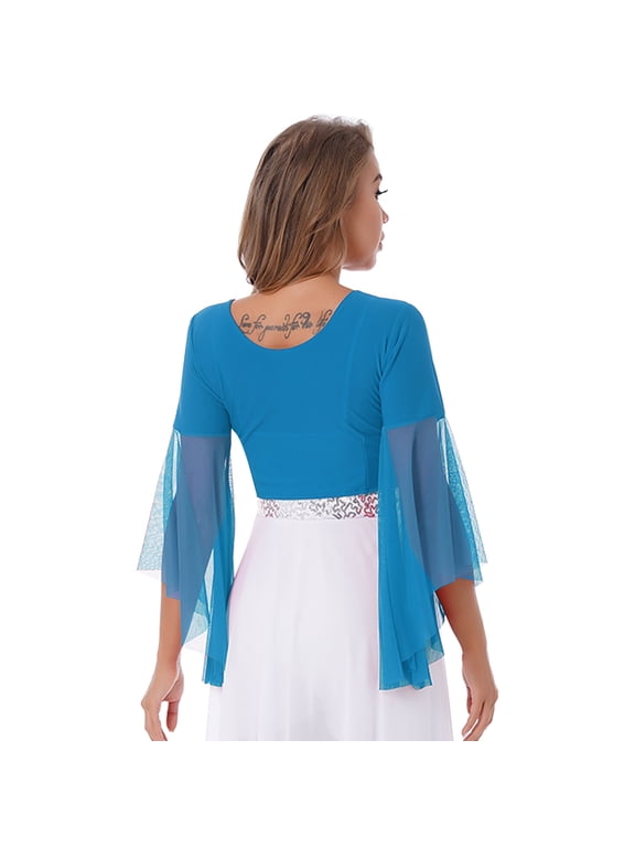 Women's 3/4 Tulle Flared Sleeve Shawl Crop Top Lace-up Cardigan Belly Dance Tops